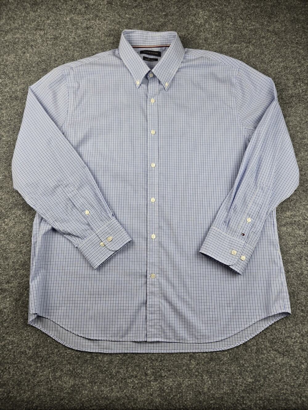 Tommy‎ Hilfiger Long Sleeve Shirt XL Blue Cotton Check Slim Fit Button Down #599